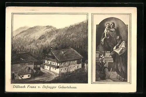 Passepartout-AK Döllsach, Geburtshaus Franz von Defregger, Gemälde mit Madonna und Kind