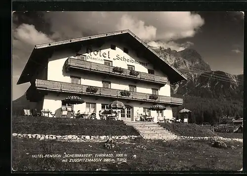 AK Ehrwald, Hotel-Pension Scheibmayer mit Zugspitzmassiv
