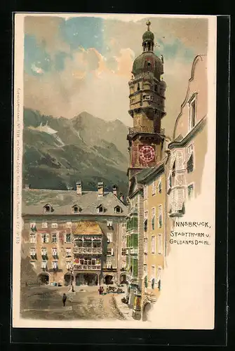 Lithographie Innsbruck, Stadtthurm und Goldenes Dachl