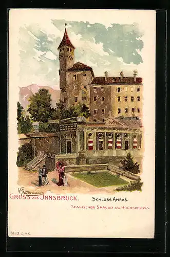 Lithographie Innsbruck, Schloss Amras, Spanischer Saal und Hochschloss