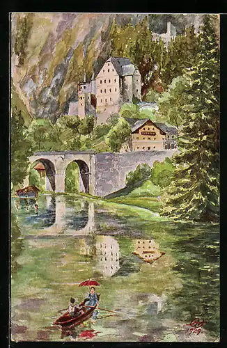 Künstler-AK Fernstein, Blick vom Fluss auf den Ort