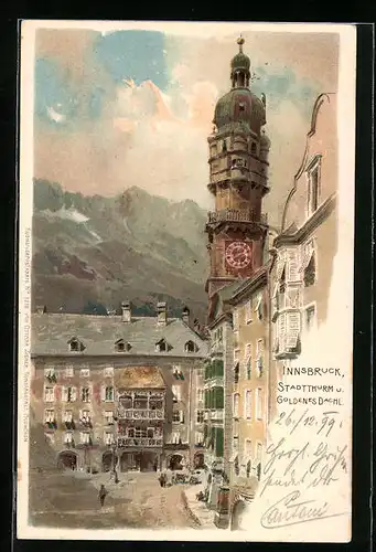 Lithographie Innsbruck, Stadtthurm und Goldenes Dachl