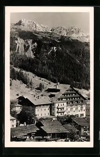 AK St. Anton, Hotel Post aus der Vogelschau