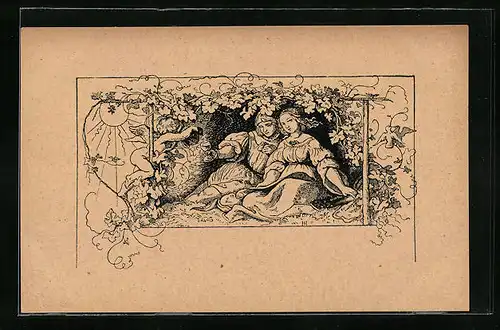 Künstler-AK Ludwig Richter: Studentenlieder - Hier sitz ich auf Rasen