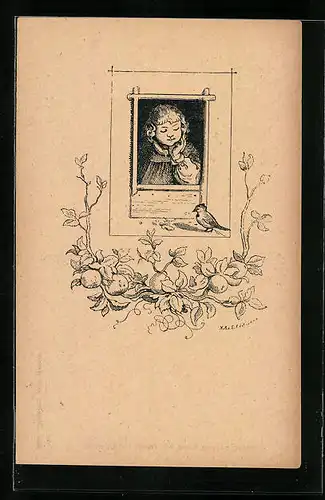 Künstler-AK Ludwig Richter: Wanders neue Fabeln - Kind füttert Vogel auf der Fensterbank