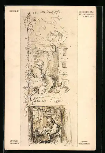 Künstler-AK Ludwig Richter: Federzeichnung Der alte Junggesell. Die alte Jungfer