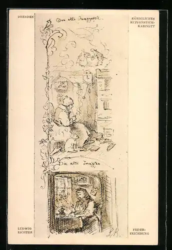 Künstler-AK Ludwig Richter: Der alte Junggesell. Die alte Jungfer