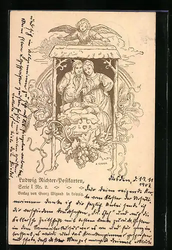 Künstler-AK Ludwig Richter: Familienszene mit Neugeborenem