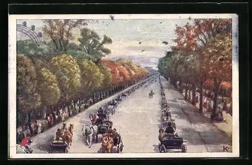 Künstler-AK J. Kalous: Wien, Prater, Hauptallee mit Pferdewägen