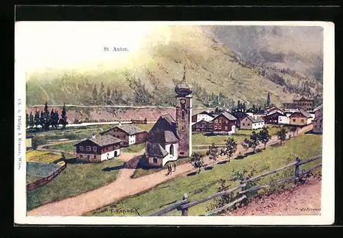 Künstler-AK Franz Kopallik: St. Anton, Ortspartie mit Kirche