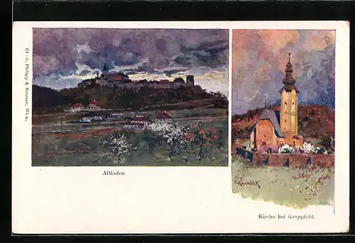 Künstler-AK Franz Kopallik: Althofen, Teilansicht am Abend, Kirche bei Krappfeld