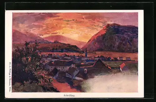 Künstler-AK Franz Kopallik: Scheifling, Teilansicht bei Sonnenuntergang