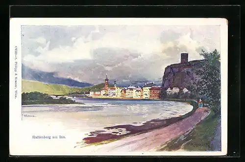 Künstler-AK Franz Kopallik: Rattenberg am Inn, Uferpartie