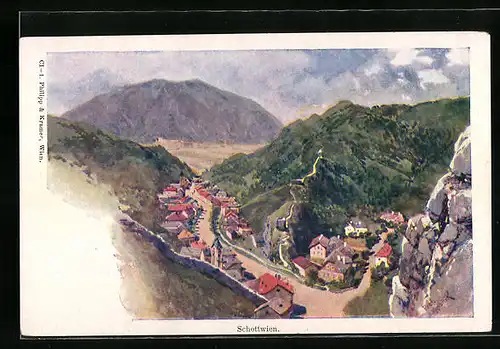 Künstler-AK Franz Kopallik: Schottwien, Teilansicht mit Strassenpartie