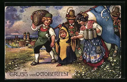 Künstler-AK München, Oktoberfest, Münchner Kindl und Wirtin mit Bierkürgen, Im Hintergrund Kirche