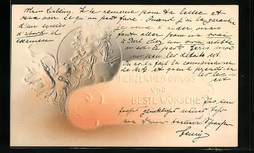 Präge-AK Frau mit Kopfschmuck, Glückwunsch, Jugendstil