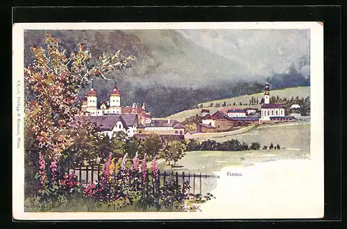 Künstler-AK Franz Kopallik: Stams, Teilansicht mit Kirche