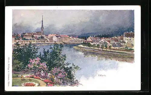 Künstler-AK Franz Kopallik: Villach, Uferpartie mit Kirche und Brücke