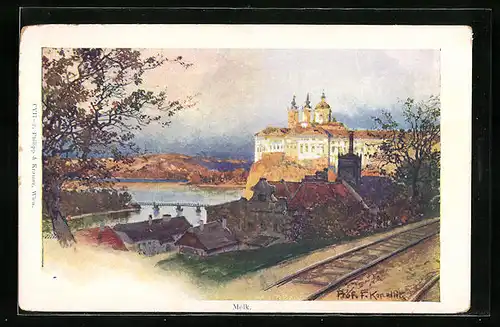 Künstler-AK Franz Kopallik: Melk, Stift mit Bahngleis