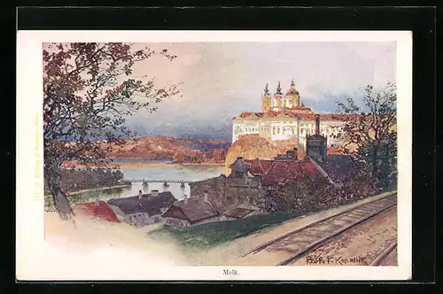 Künstler-AK Franz Kopallik: Melk, Stift mit Bahngleis