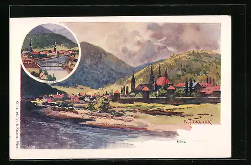 Künstler-AK Franz Kopallik: Göss, Teilansicht, Leoben