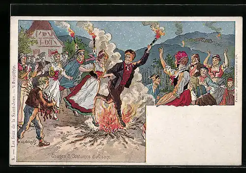 Künstler-AK sign. Kaufmann: Usages & Costumes d`Alsace, Les feux de la Saint-Jean