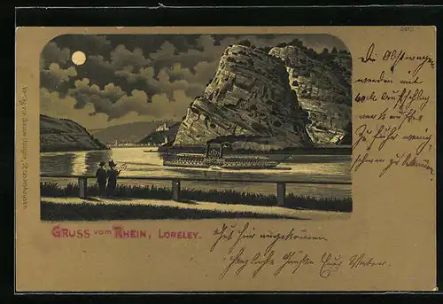 Mondschein-Lithographie Rheindampfer vor der Loreley bei Vollmond