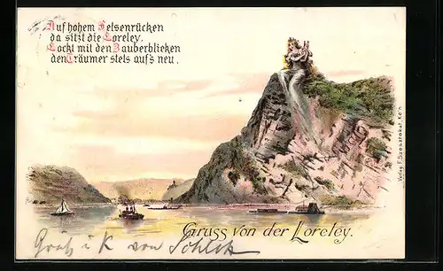 Lithographie Auf dem Felsen sitzende Loreley mit Blick auf den Rhein