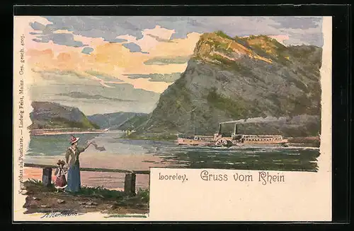Lithographie Rheinpartie mit Dampfer vor der Loreley