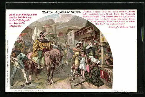 Künstler-AK Tell`s Apfelschuss nach einem Wandgemälde von Dr. Stückelberg in der Tellskapelle am Vierwaldstättersee