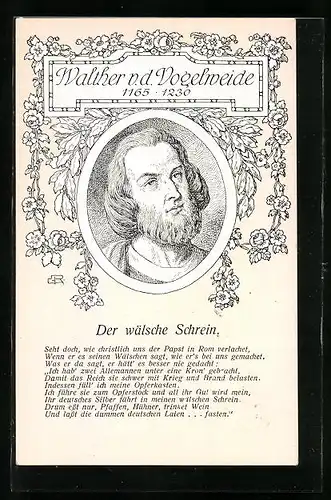 Künstler-AK Walther von der Vogelweide im Portrait, geschmückt mit Lorbeer