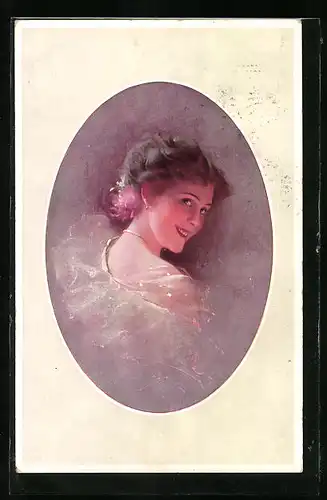 Künstler-AK Ludwig Knoefel: Schönheit mit bezauberndem Lächeln über die Schulter blickend