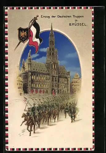 Künstler-AK Einzug der Deutschen Truppen in Brüssel, Halt gegen das Licht: Sonnenaufgang über dem Rathaus