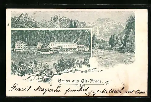 AK Alt-Prags, Teilansicht, Gebirgspanorama