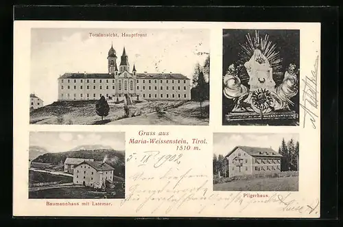 AK Maria-Weissenstein, Kirche-Totalansicht, Baumannhaus mit Latemar, Pilgerhaus