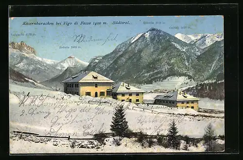 AK Vigo di Fassa, Kasernbaracken im Winter