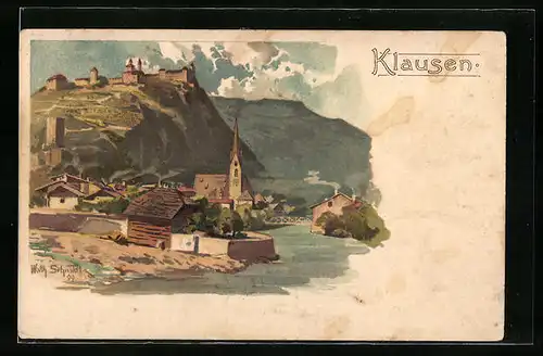 Künstler-AK Klausen, Gesamtansicht mit Kirche und Schloss