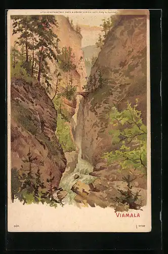 Lithographie Viamala, Gebirgspartie mit kleinem Wasserfall