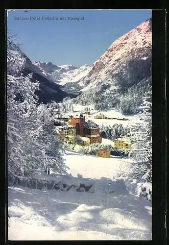AK Pontresina, Schloss-Hotel Enderlin mit Rosegtal im Winter