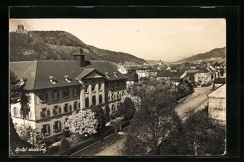 AK Waldkirch, Strassenpartie mit Spital aus der Vogelschau