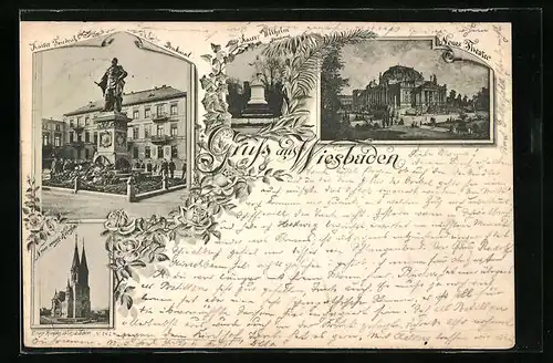 Passepartout-AK Wiesbaden, Neues Theater, Kaiser Friedrich Denkmal