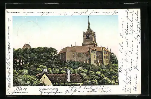 AK Cleve, Die Schwanenburg mit leuchtenden Fenstern