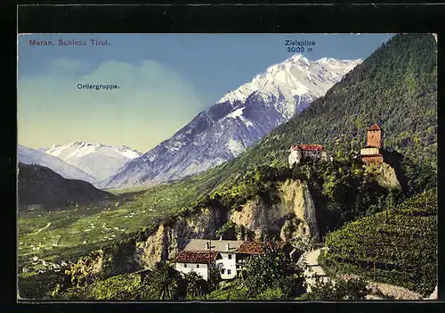 AK Meran, Schloss Tirol mit Ortlergruppe und Zielspitze