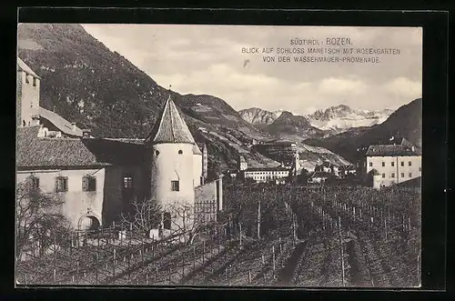 AK Bozen, Blick auf Schloss Maretsch mit Rosengarten von der Wassermauer-Promenade