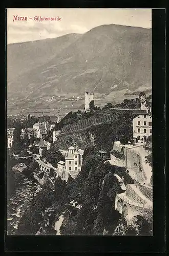 AK Meran, Gilfpromenade mit Bergpanorama