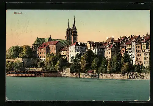 AK Basel, Uferpartie mit Kirche