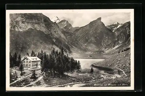 AK Seealpsee, Gasthaus am Seealpsee mit Altmann und Säntis
