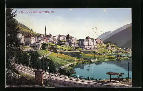 AK St. Moritz-Dorf, Ortsansicht mit Blick auf das Wasser