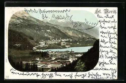 AK St. Moritz, Ortsansicht mit schneebedeckten Bergen