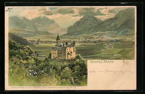 Künstler-AK Amras, Blick auf das Schloss Amras und die Berge